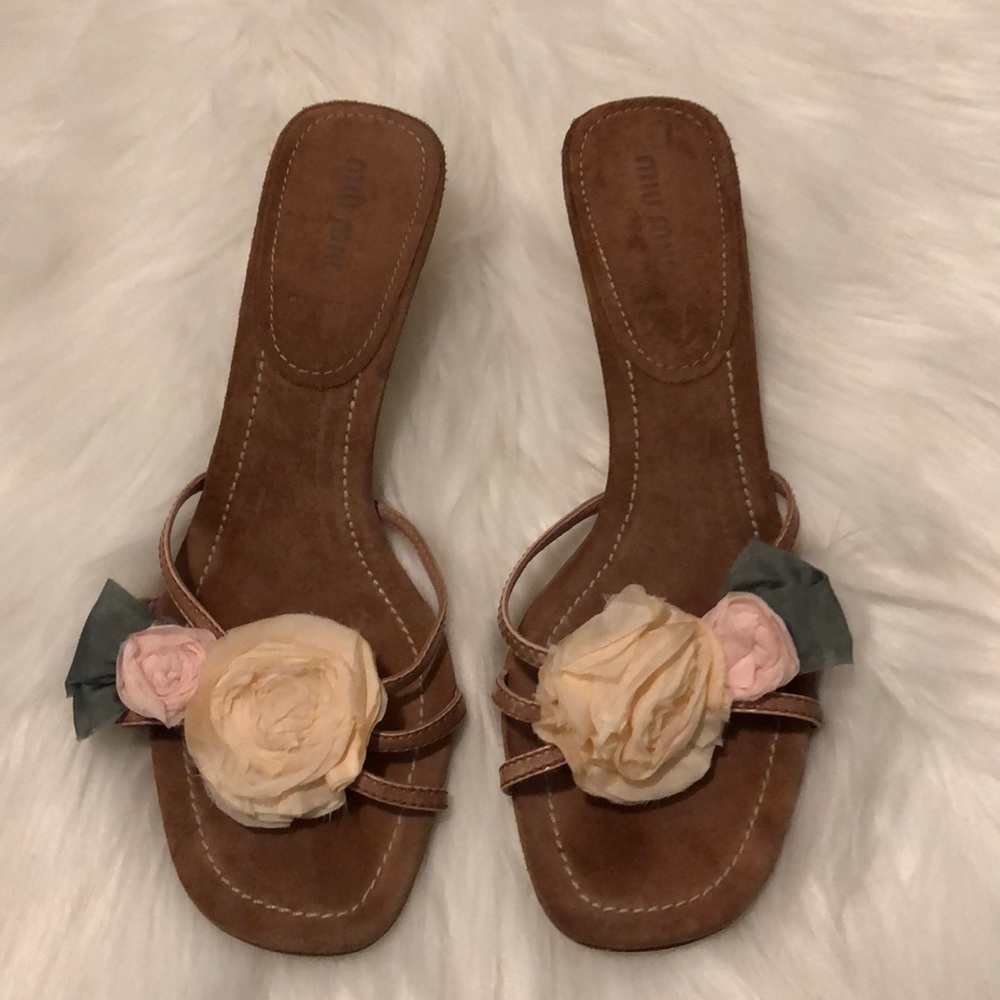 Miu Miu Prada Slip On Heels With Silk Flowers